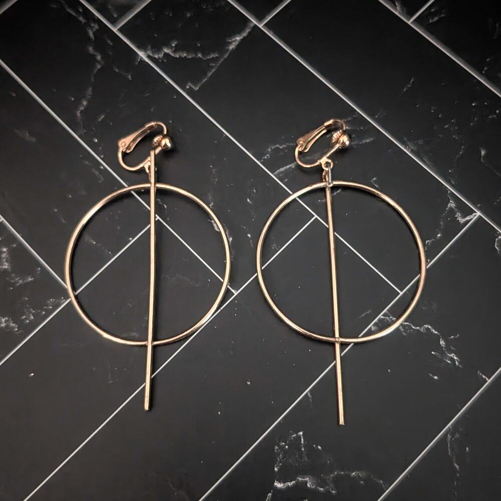 Vintage Clip On Earrings Extra Large & Circle & Bar Dangle 3 & 1/8"